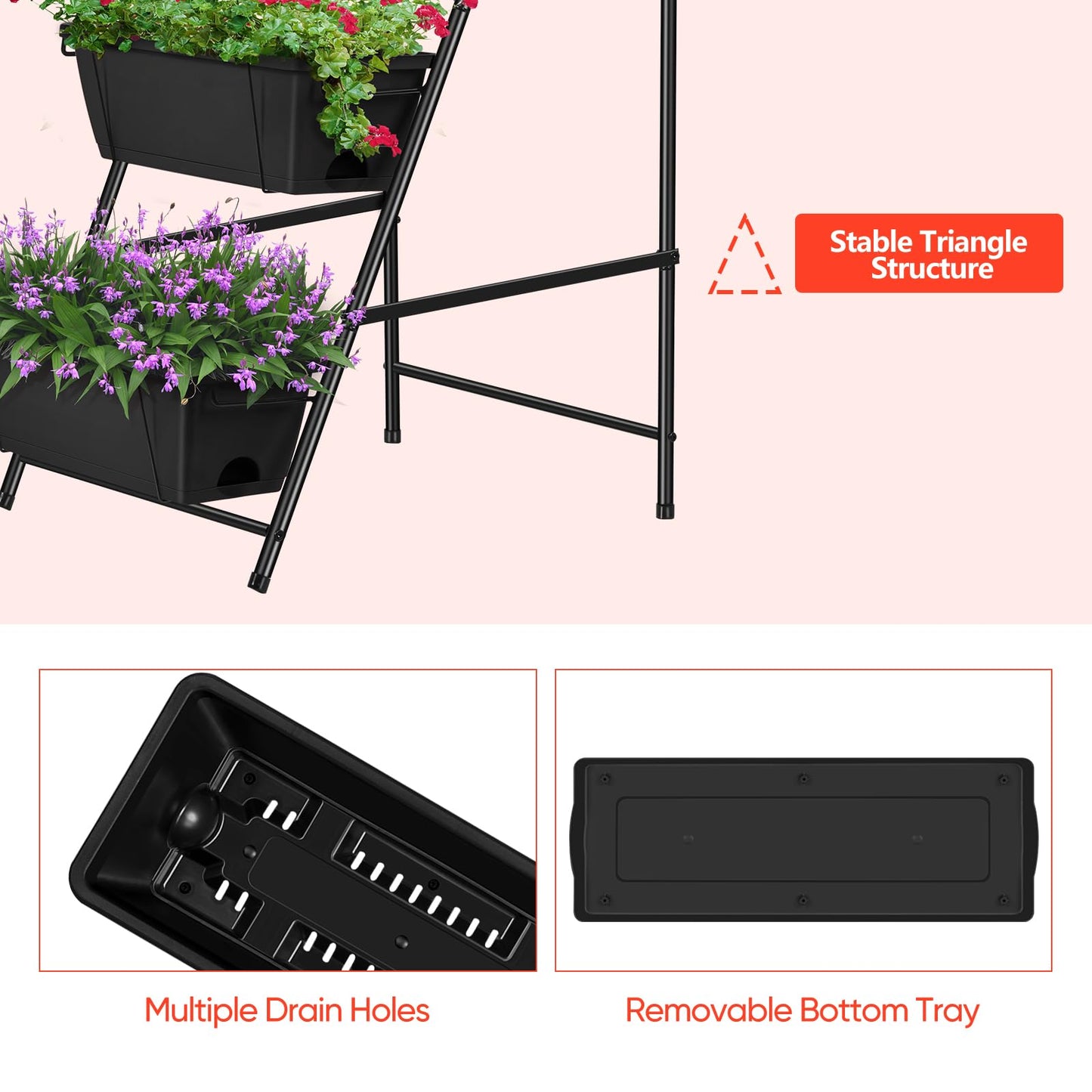 Vertical Garden Planter 5 Tiers Raised Garden Bed Outdoor Standing Herb Garden Planter with Drainage Holes and Removable Tray Planters for Outdoor Plants Vegetables Flowers Black