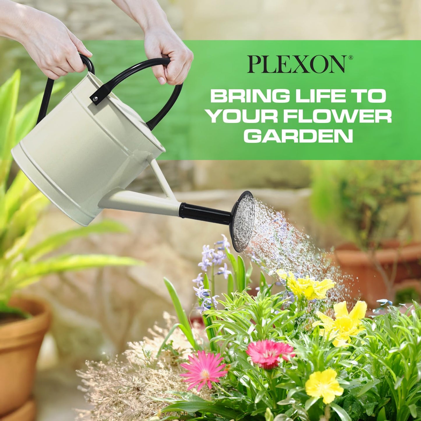 Plexon Metal Watering Can Outdoor 1 Gallon, Flower Plant Gardening Garden Large Watering Can Pot, Black Galvanized Steel Handles and Removable Spray Spout, Off-White