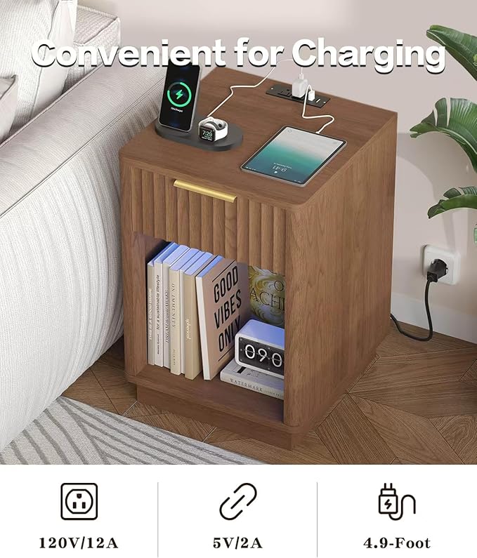 Akxomel Fluted Nightstand, Wooden Night Stand