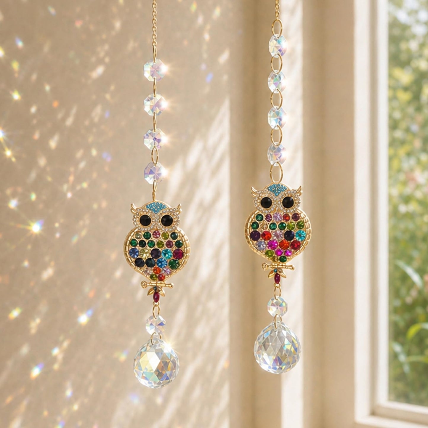 2Pcs Rhinestones Owl Crystal Suncatcher for Windows Hanging, 15.7In Prism Sun Catcher with Chain and Hook,Rainbow Maker for Home Garden Ceiling,Christmas Birthday Wedding Party Owl Gifts