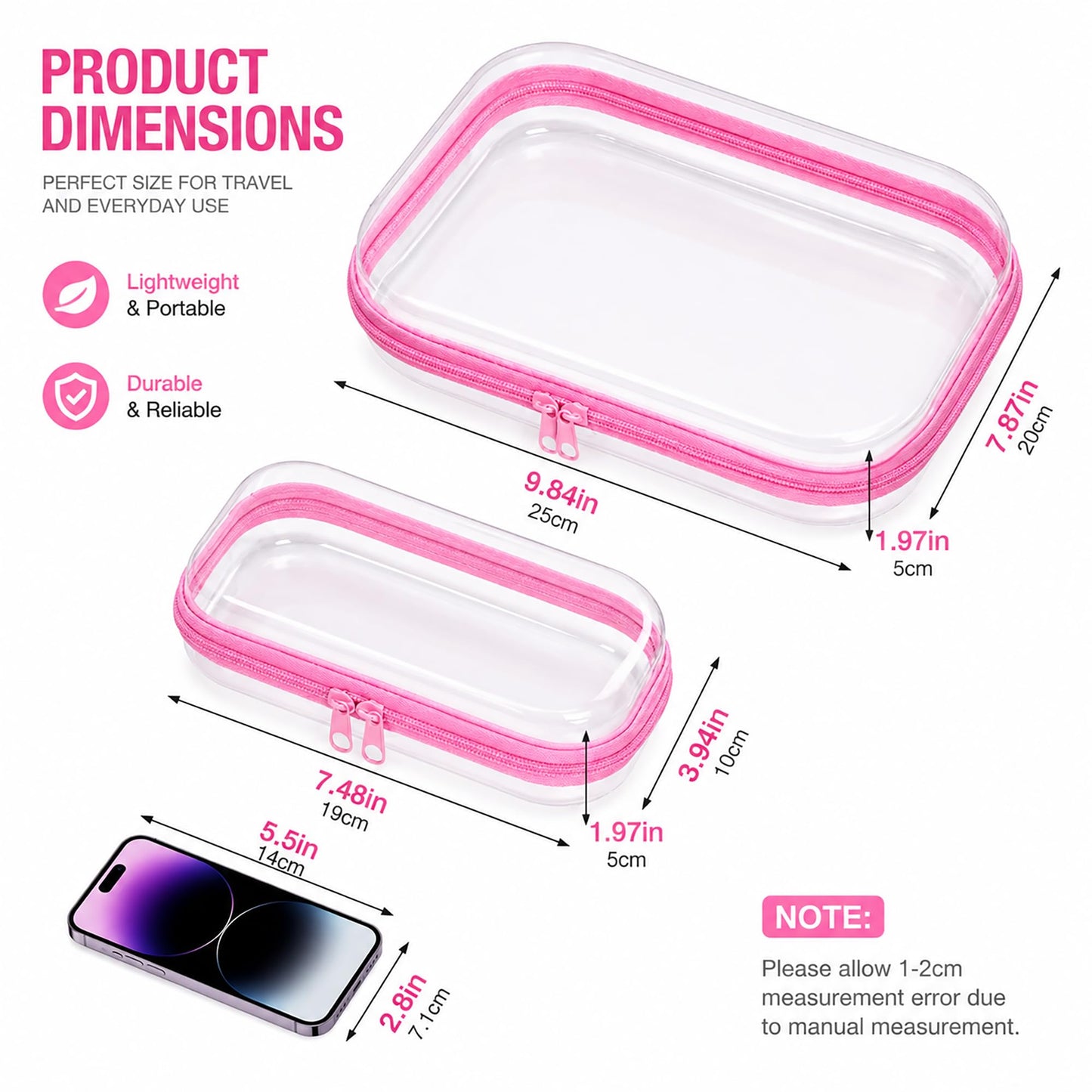 2-Pack Clear Hardshell Zipper Case, 1.2mm Thicken Crush-Proof Travel Toiletries Bag, TSA Approved Portable Zipper Pouches, Rigid Toiletry & Diaper Bag Organizer for Tech, Toys & Art Supplies(Pink)