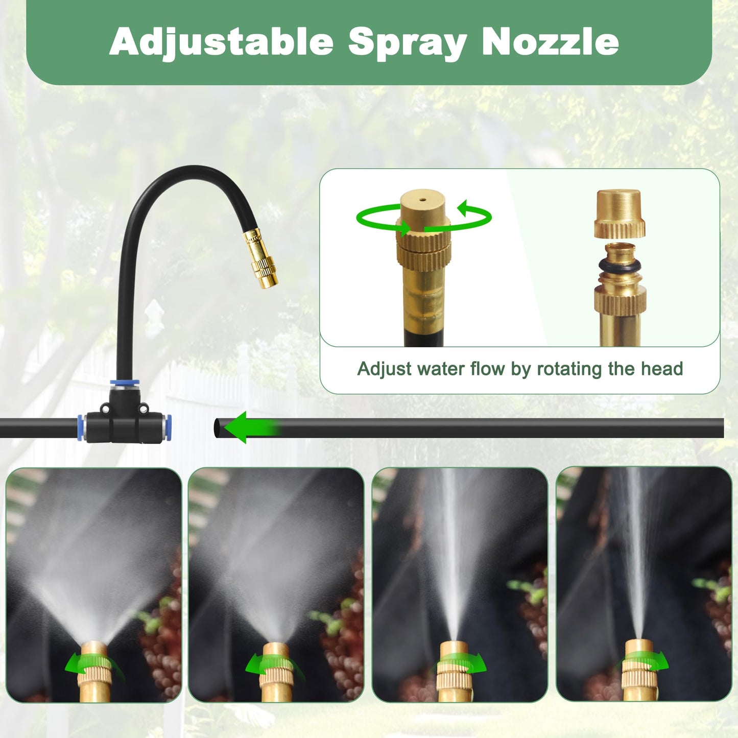 Quibbay 360° Adjustable Drip Irrigation System Kit, 32.8FT Automatic Garden Watering System with 10 Copper Nozzles, Atomizing Misting Watering System with 360° Bending Dropper for Plant Lawn Patio