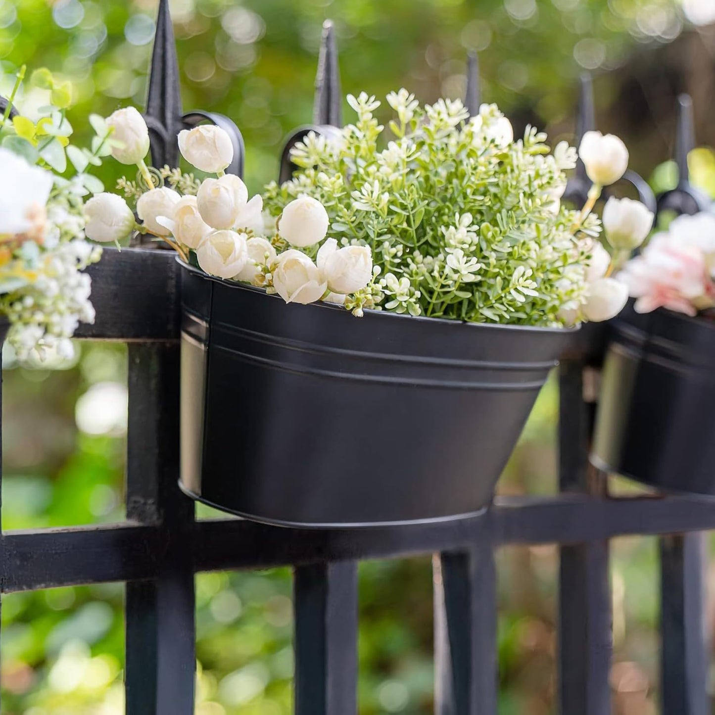 GYATSOCYG 10.6" Oval Iron Hanging Flower Pots - Rust-Resistant Metal Planters with Detachable Hooks for Garden, Yard & Home Decor (Black，5 PCS)