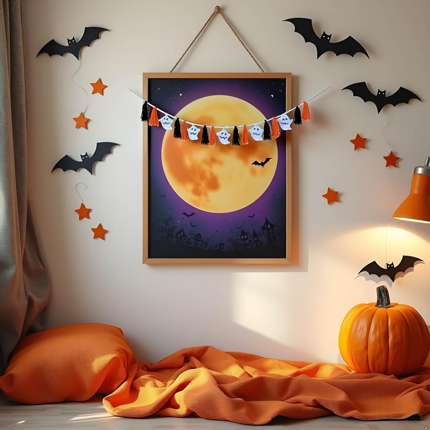 DELAQIKO Halloween Ghost Garland with Tassels | Cute Ghost Ornaments for Tree, Wall, Mantel or Table | Handmade Felt Garland | Fun Halloween Decor with a Spooky Vibe (Orange Halloween)