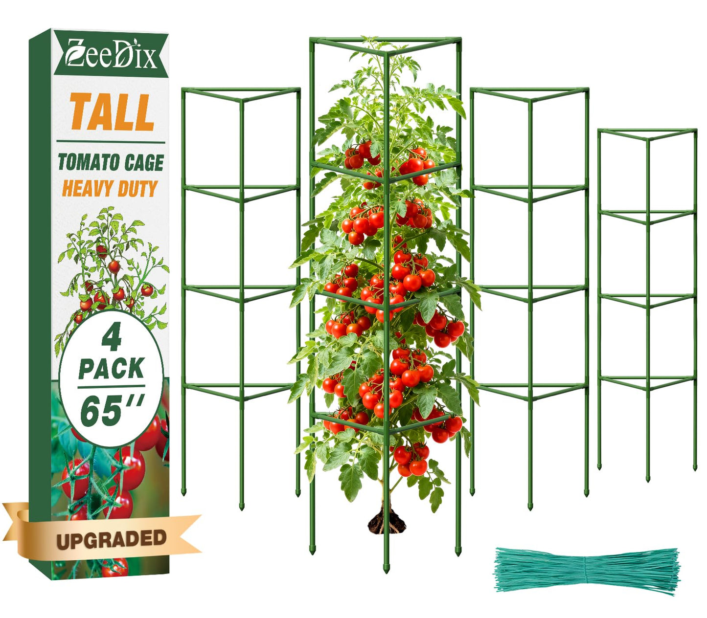 ZeeDix 4 Pack Heavy Duty Tomato Cages 65 Inch, Large Tall Plant Support Stakes for Climbing Plants Heavy Vegetables, Adjustable Tomato Trellis for Pots & Outdoor Raised Garden Beds