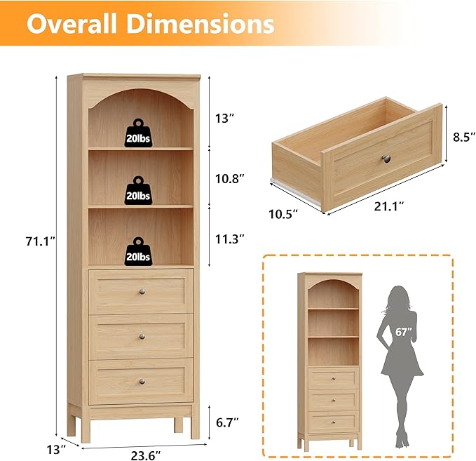 Bookshelf with Drawers, Floor Standing Display Storage Cabinet