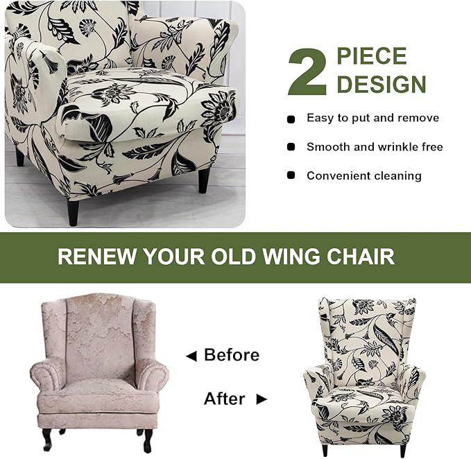 HAOYONG Wing Chair Slipcovers Printed Wingback Chair Covers 2 Pieces Wingback