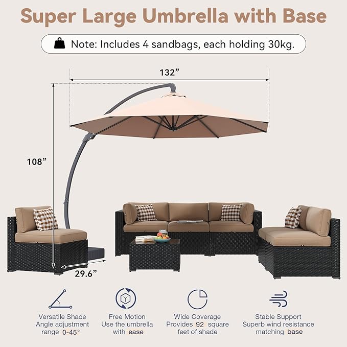 Aoxun Patio Furniture Set with Umbrella, 8 Piece Outdoor Sectional Sofas