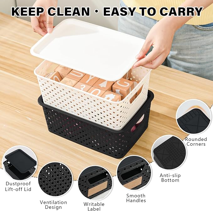 10 Pack Small Plastic Storage Bins with Lids, Stackable Plastic Storage Baskets for Organizing with Handles, Organizer Bins with Labels for Room, Craft, Containers for Pantry Organizers and Storage