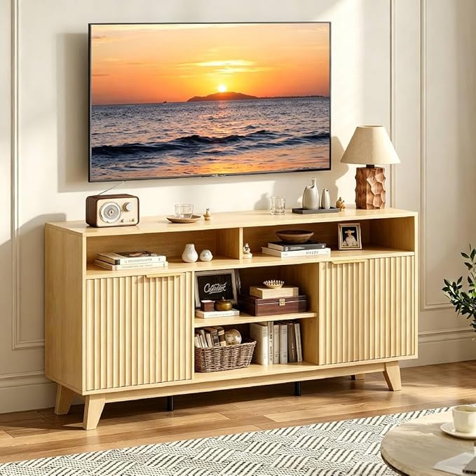 VINGLI Boho Fluted TV Stand for 70 Inch TV, Tall Wooden TV Console