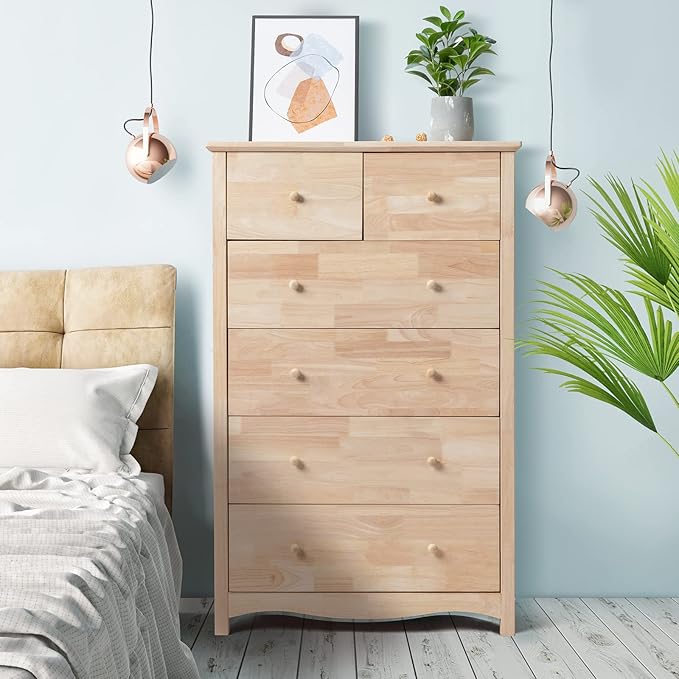 VINGLI Unfinished 6 Drawer Dresser, Natural Solid Wood Dresser Color DIY