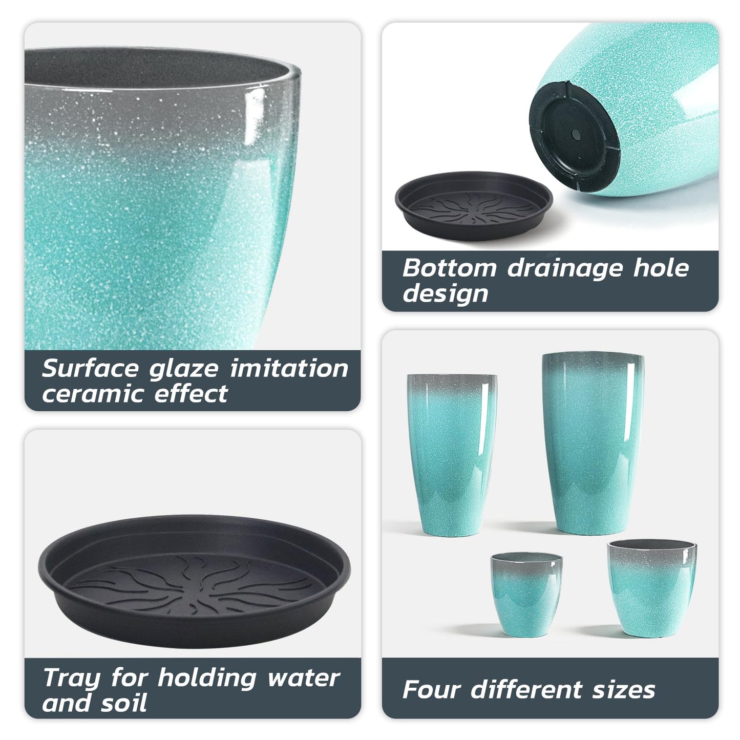 ZMTECH 24/21/12/10" H Large Plastic Planters with Drainage Hole and Saucer -Set of 4 Tall Lightweight Flower Pot for Front Porch Patio Deck,Sky Blue with White Spots