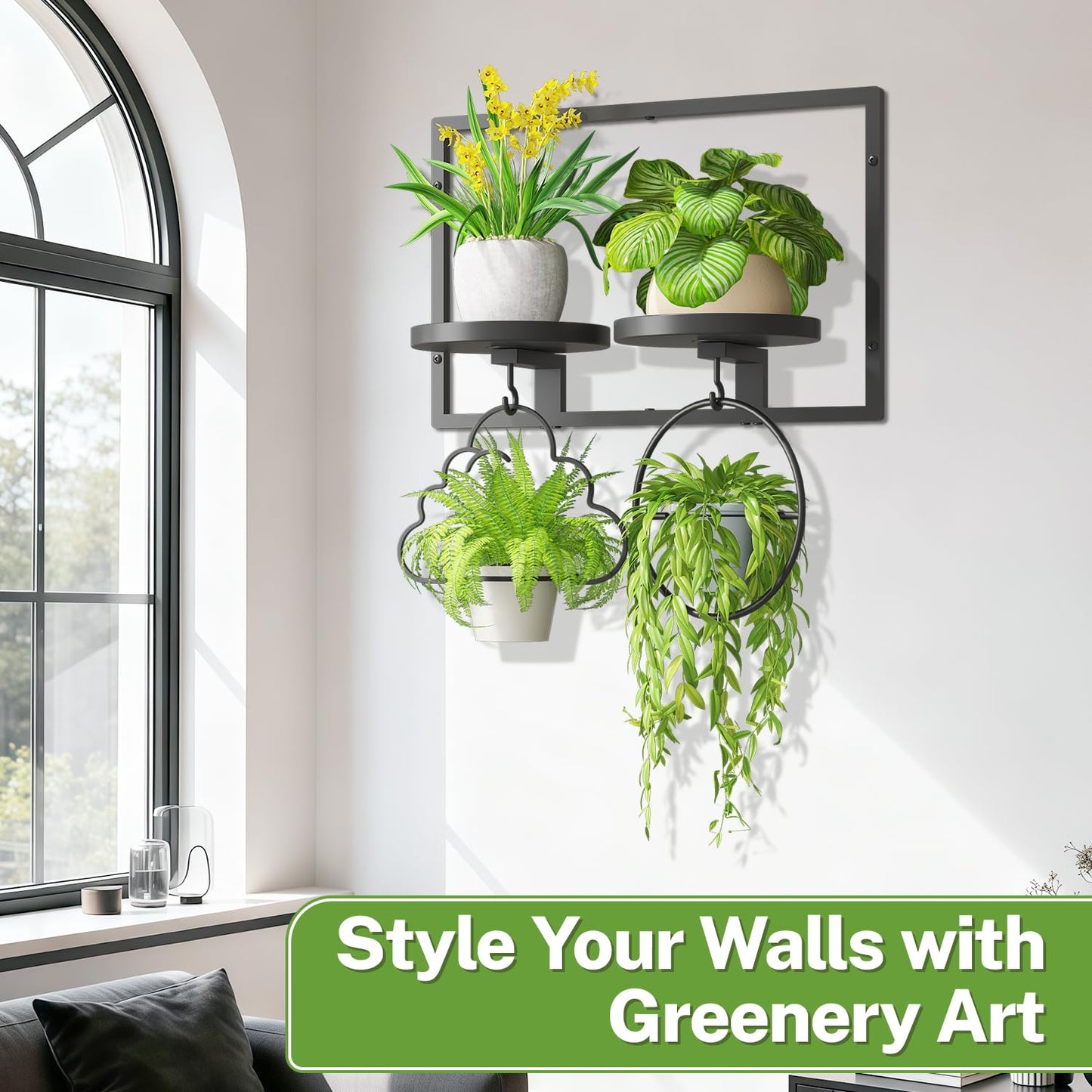 iDavosic.ly Wall Plant Picture Frame Holder with 2 Trays for Indoor, Metal Stand with Hanging Hooks, Floating Flower Display Decor, Space Saving & Easy to Assemble (Pots/Chains/Plants Not Included)