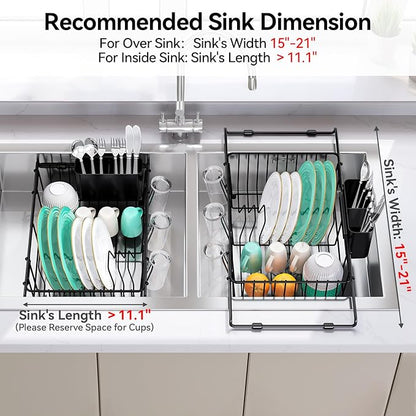 Urackify Dish Drying Rack in Sink, Expandable (15.35"-23.23" L) Over the Sink Dish Rack with Utensil Holder & Cup Holder for Compact Kitchen, Space - Saving Dish Drainer for Inside Sink, Black
