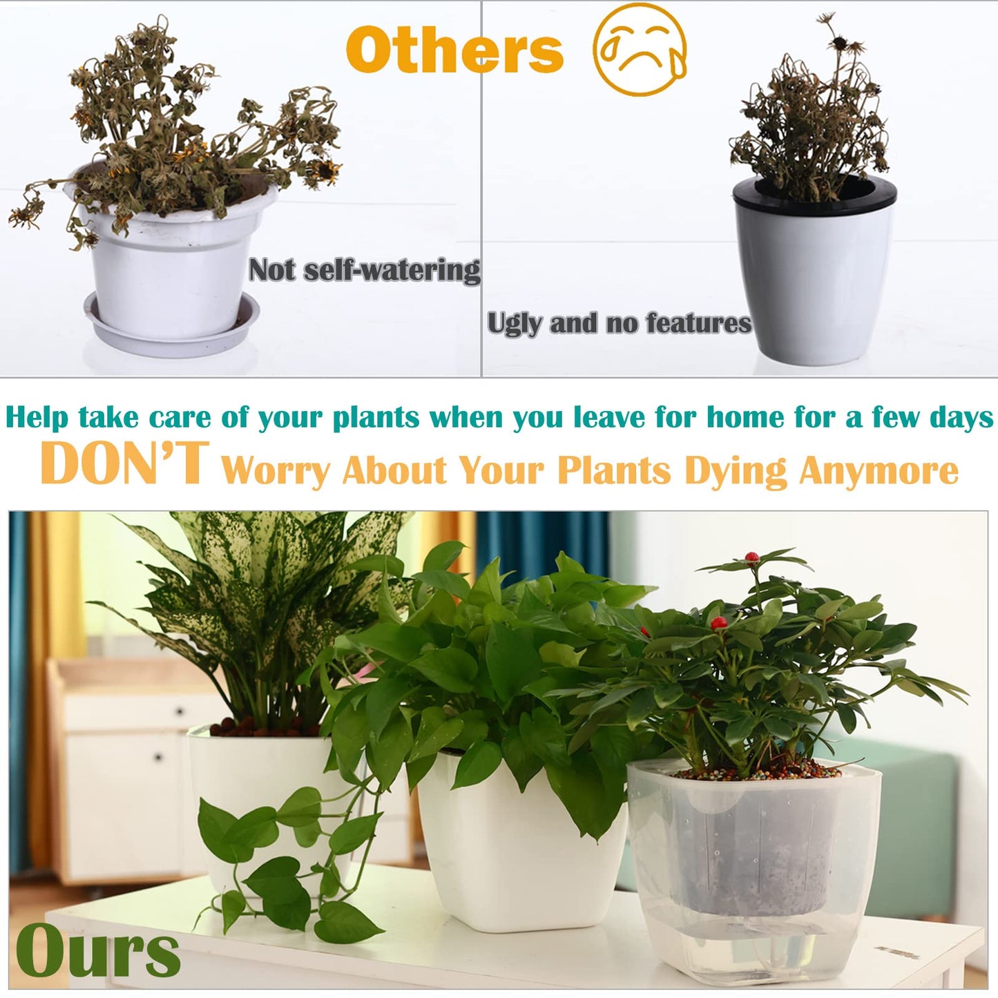 6-Pack 7 Inches Clear Self Watering Planters for Indoor Plants Large African Violet Plant Pots Plastic Wick Flower Pots with Water Injection Hole, Orchid Plant Pot Set, Clear