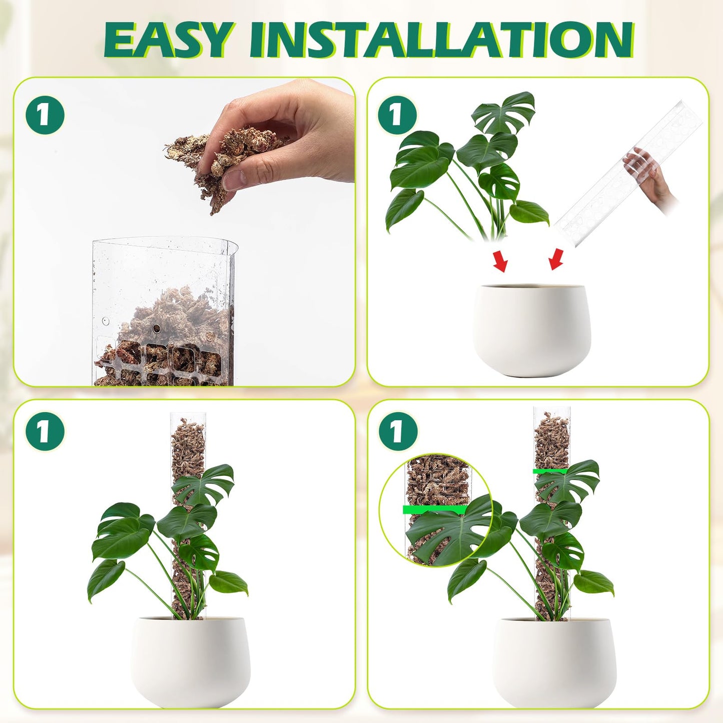 Quzzil 10 Pieces Plastic Moss Pole for Monstera Including 4 Pcs 24 Inch Clear Plant Poles for Indoor Climbing and 6 Pcs 15 Inch D Shape Stackable Plant Support Kit Work with Sphagnum Moss