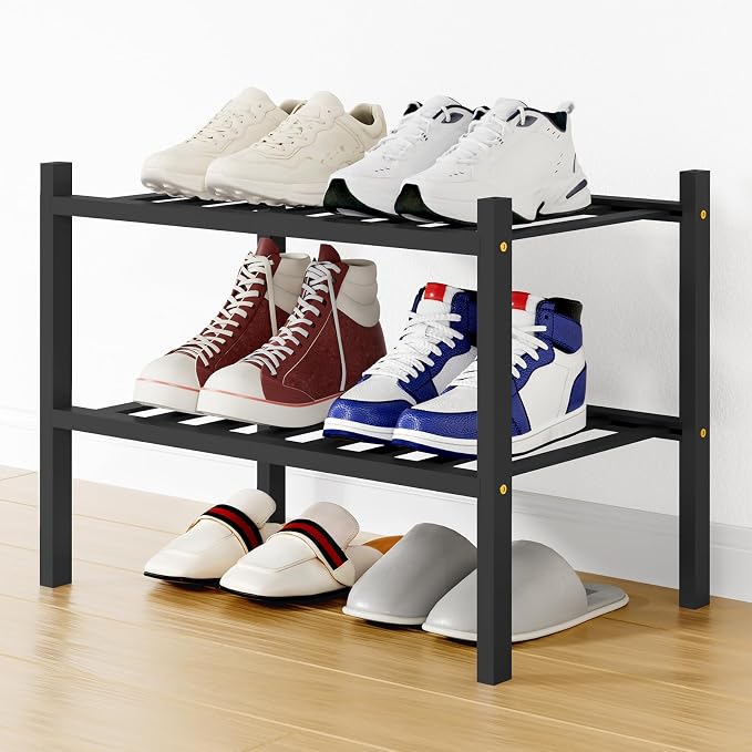 Smiry Small Bamboo Shoe Rack, 2 Tier Free Standing Wooden Shoe Organizer, Stackable Wood Shoe Storage Shelf for Closet, Entryway, 12 Vertical Slats, One-piece Standard Legs, 17.3"x11"x13", Black