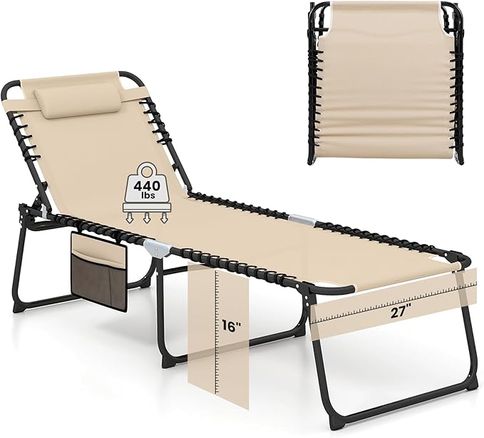 GYMAX Lounge Chair for Outside, 440lbs 27” Oversize Folding Beach Tanning
