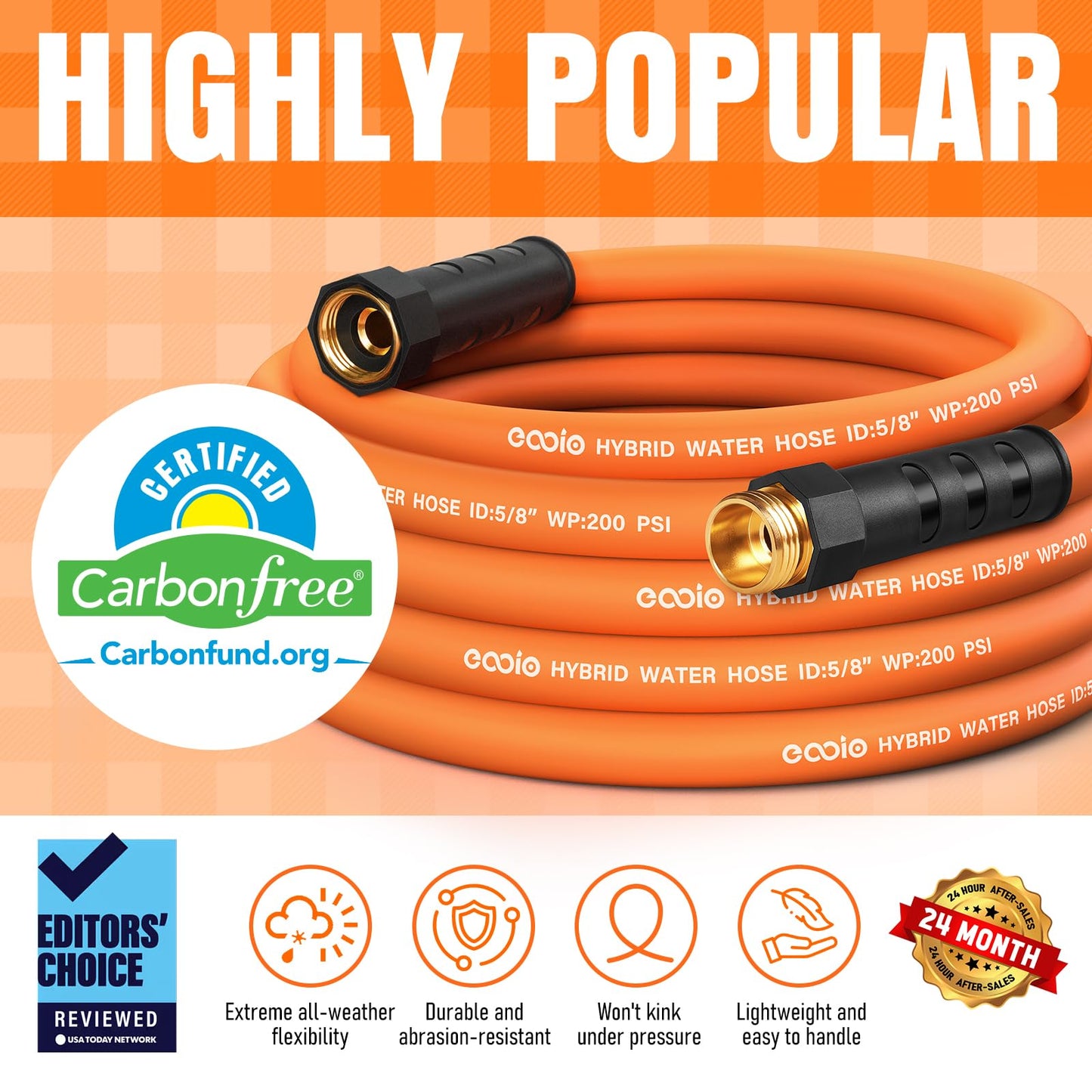 Garden Hose 25 ft x 5/8", NON-EXPANDING Flexible Water Hose, Kink Resistant Lightweight Hybrid Hose, Leakproof Yard Hose with Male to Female Fittings
