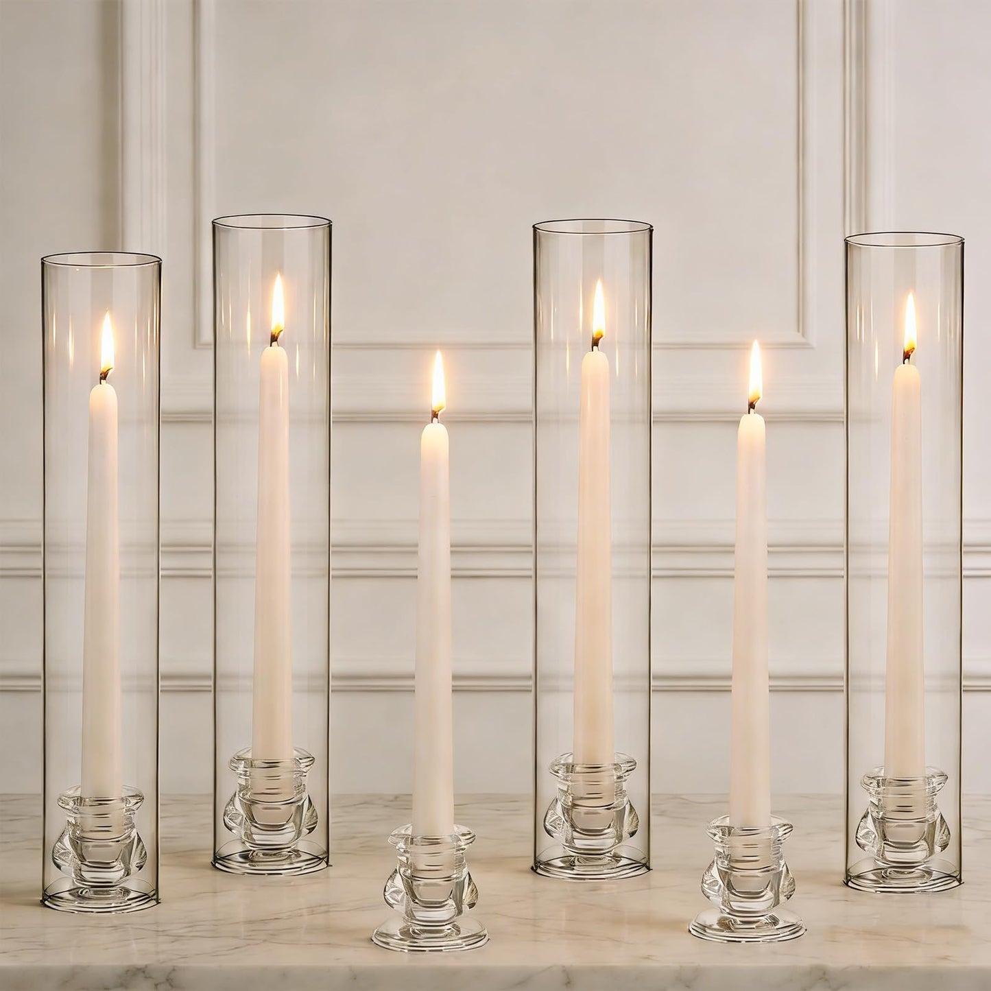 12 Set Glass Hurricane Candle Holders 11.8" Open Ended Glass Candleholder Tube Shape Bottomless and 2.1" Taper Clear Candlestick Holder Bulk for Table Centerpiece Wedding Party Home Decor (12, Clear)