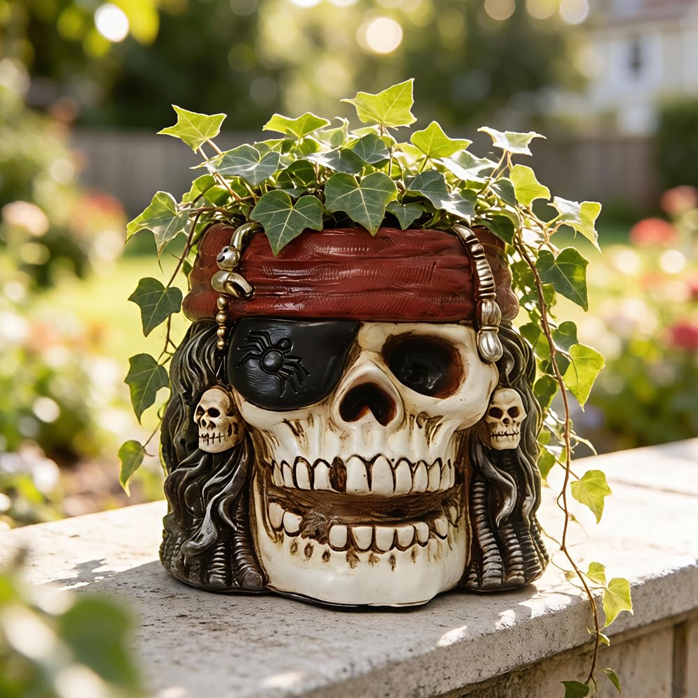 Skull Planter, Skulls Flower Pot, Skull Bowl, Skeleton Succulent Pots, Gothic Plant Pots with Drainage, Goth Statue Flower Pots, Indoor/Outdoor Pirate Figurine, Halloween Decoration, Funny Home Decor