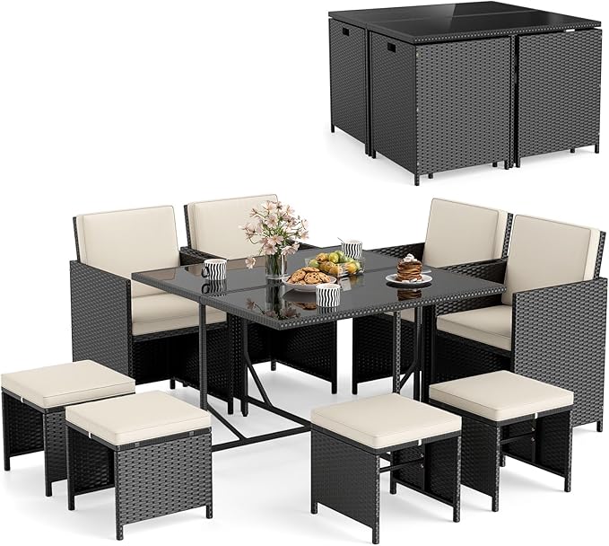 Tangkula 9 Piece Patio Dining Set, Rattan Chairs