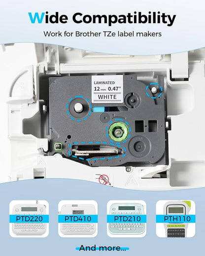 Colorty Replace for Brother P-Touch Label Tape Tze 12mm 0.47 Laminated White TZe-231 Ptouch Label Maker Refills AZe TZ Tape for PT-D210 PTD220 D200 H110 H110BP Labelmaker, 1/2"(12 mm) x 23ft, 5 Pack