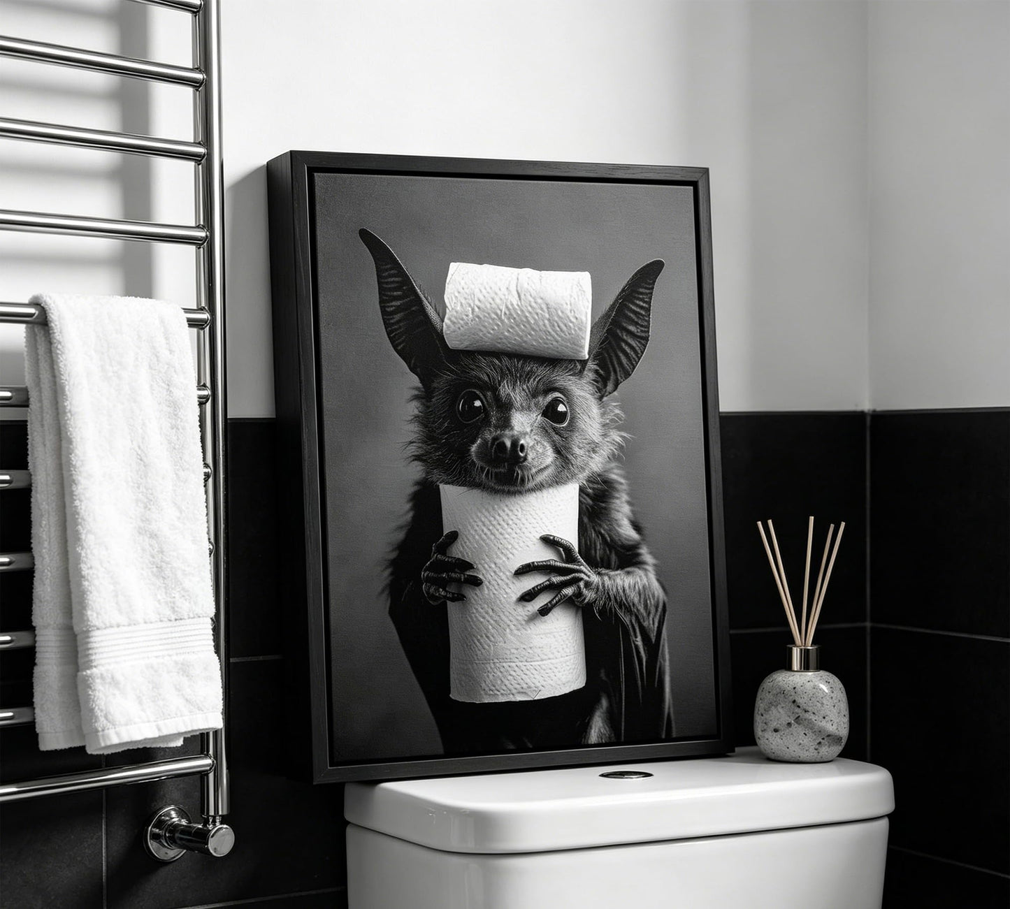 Funny Bat Bathroom Framed Wall Art, Black and White Cute Bat with Toilet Paper Wall Decor, Humorous Animal Bathroom Canvas Print for Restroom, Powder Room, Toilet, Home Decoration 8x10 Inch