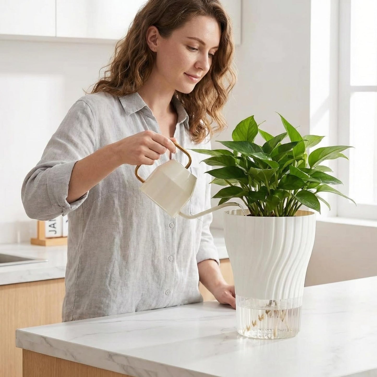 zvsgwj Self-Watering Plant Pots with Wick, Rotating Pattern Planters with Drainage & Inner Pot for Desk Living Room Bedroom Home Decor, 6.3 Inch 2-Pack in White & Clear