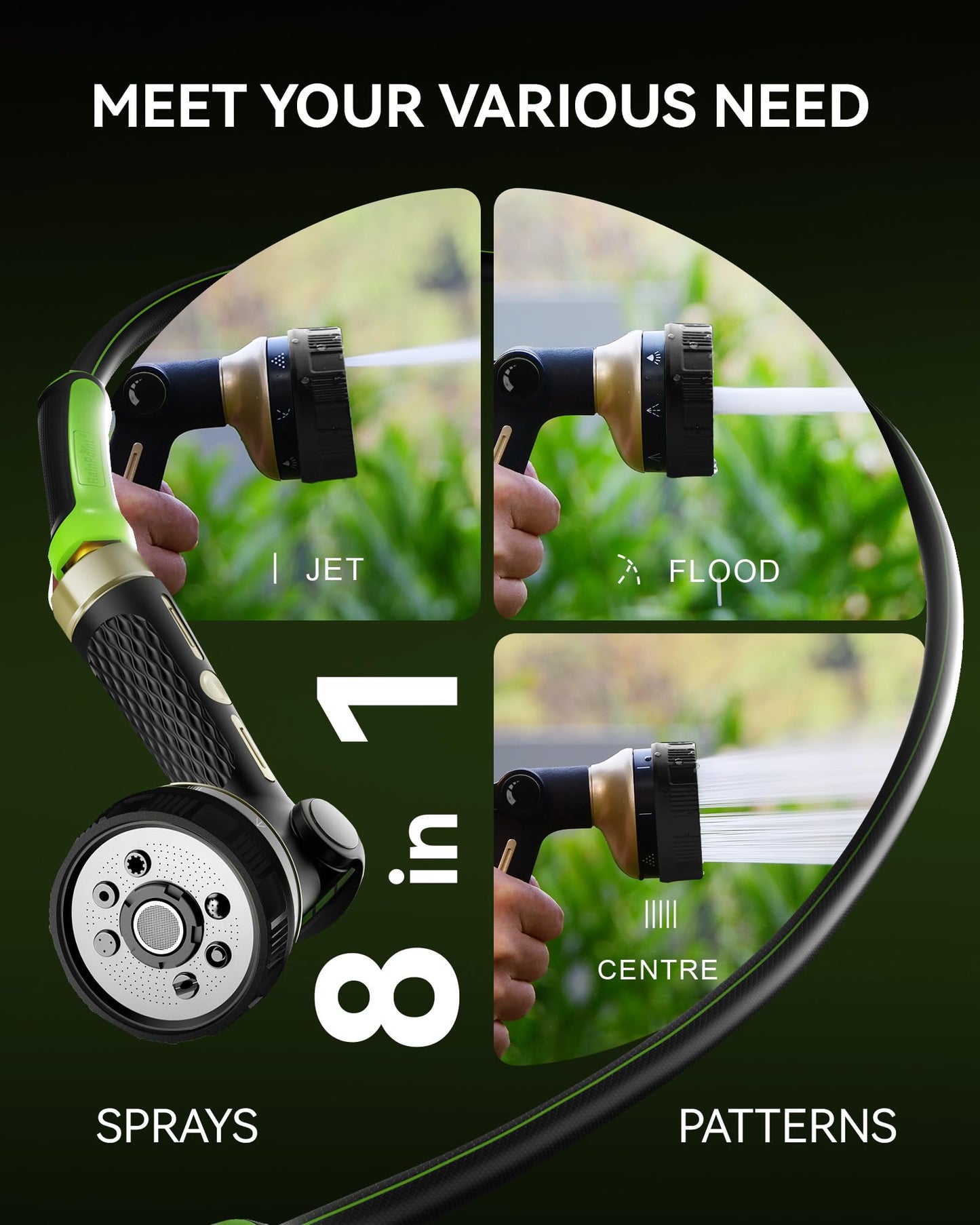 RAINPOINT 100% Metal Hose Nozzle Heavy Duty - 8 Spray Patterns Garden Hose Nozzle with Adjustable Flow Control for Watering Plants, Washing Cars,Washing Pets, Thumb Control (Black)