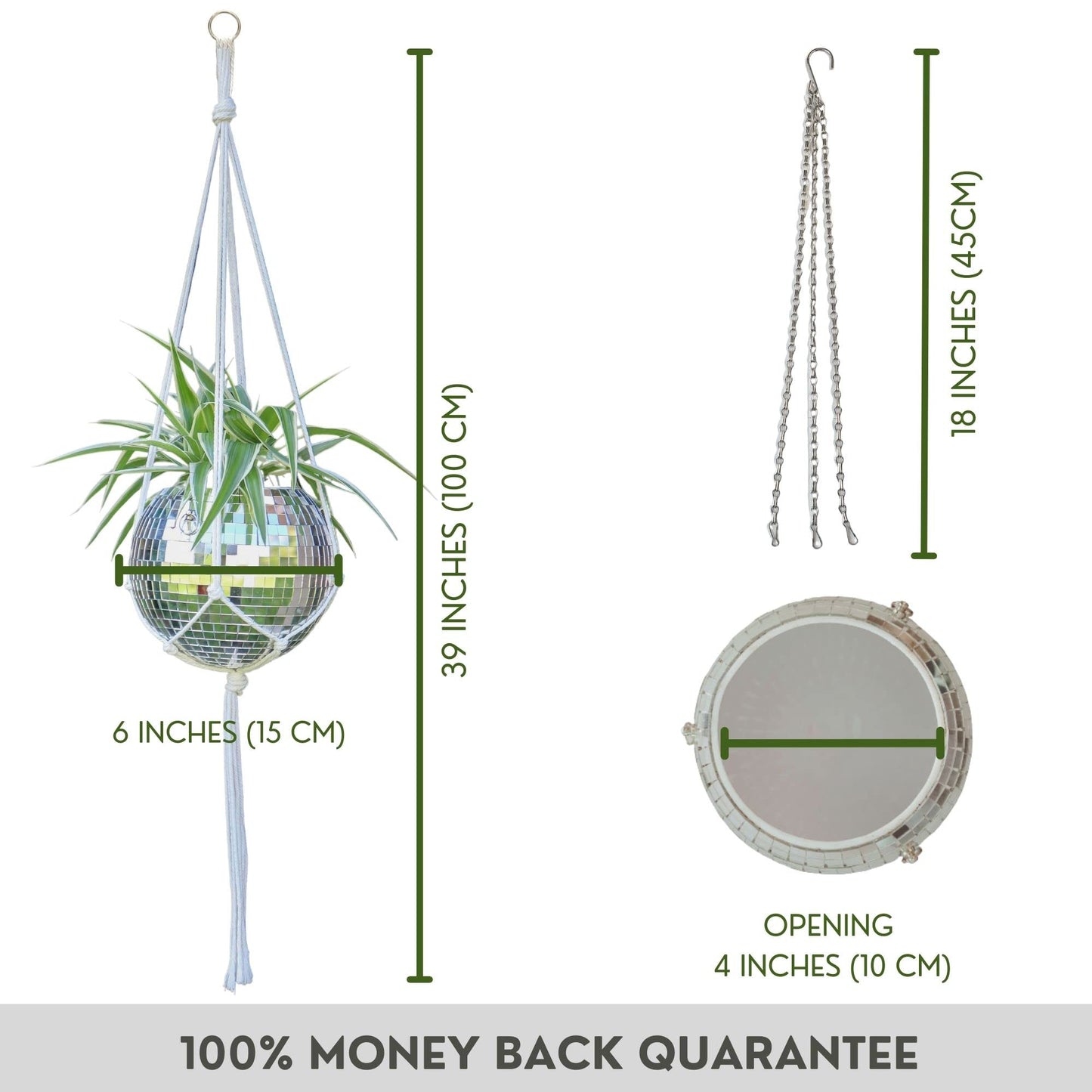 SCANDINORDICA Disco Ball Planter 6" Silver with Chain and Macrame Hanger and Disco Ball Planter Pot 4.3" with Saucer (0.3x0.3 mirror tiles)