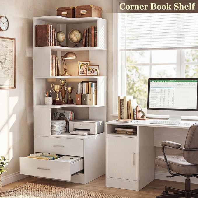 Armocity Corner Bookshelf with Drawers, 7 Tier Corner Book Shelf Display
