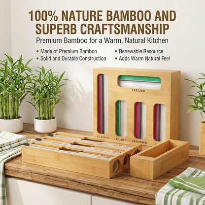 9 in 1 Storage Bag Organizer for Kitchen Drawer,Bamboo Foil and Plastic Wrap Dispenser with Cutter, Organizers Compatible Gallon, Quart, Sandwich Snack