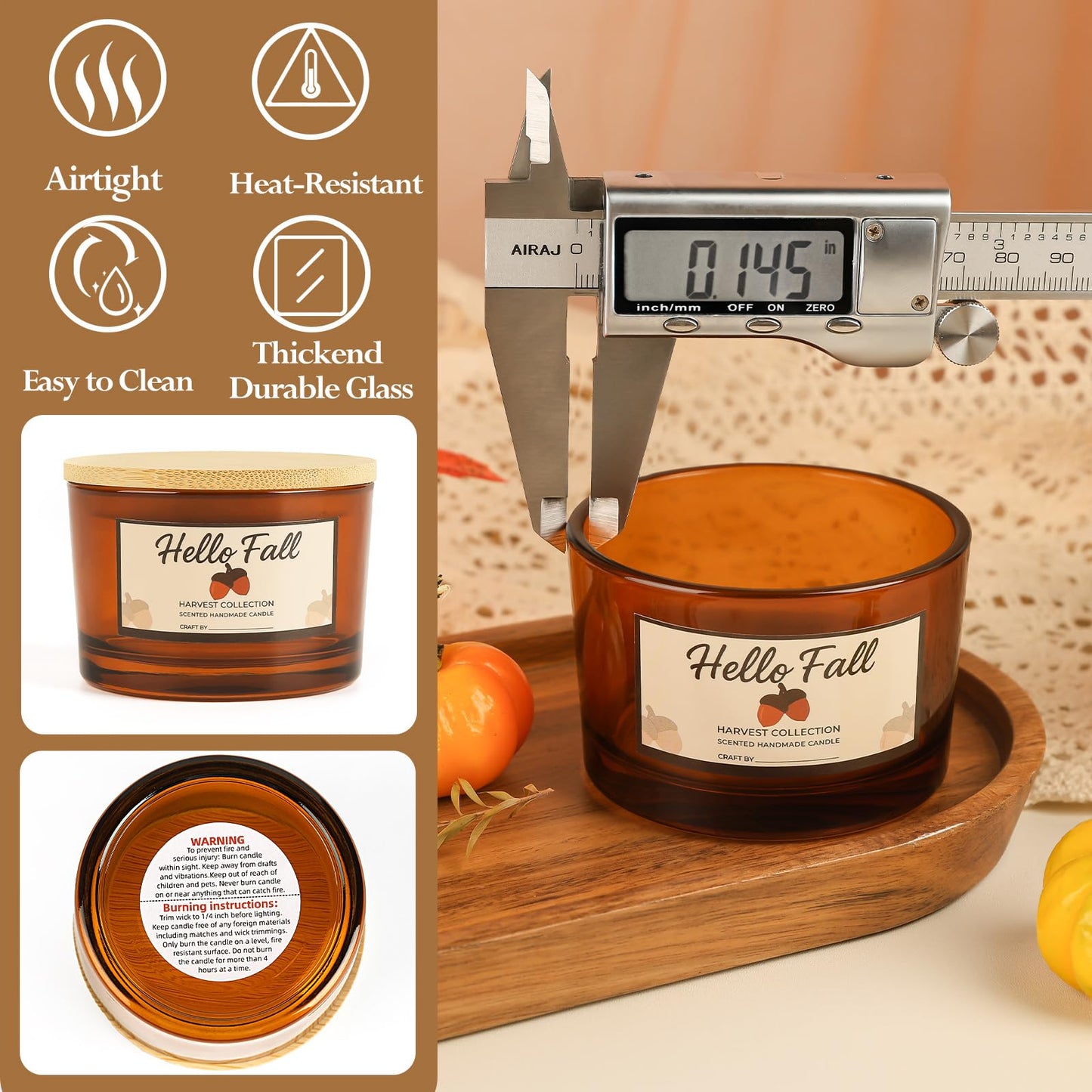CONNOO 15 Pack 4oz Amber Glass Candle Jars with Bamboo Lids for Making Candles, Bulk Small Wide Mouth Glass Containers with Wick Kit for Candle Making, Ideal for DIY & Candle Business