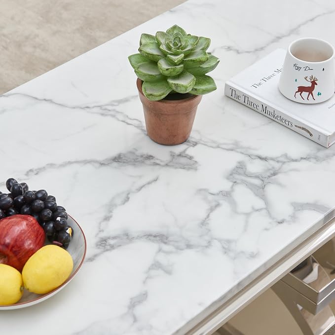 4 Piece Living Room Table Set Include 1 Faux Marble Coffee Table & 2 End Tables& 1 Console Table, Modern White Silver Coffee Table Set of 4 with Double O Shape Stainless Steel Pedestal Base