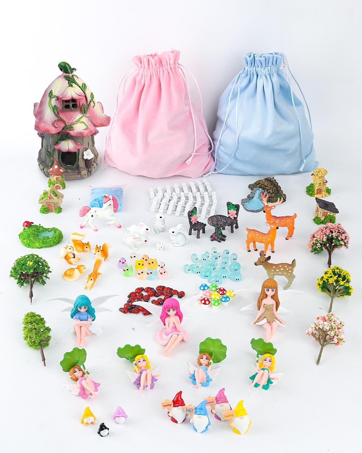 113PCS Fairy Garden Accessories Kit with Solar Light-Up House & 2 Gift Bags – Waterproof Resin Miniature Fairy House & Accessories for Indoor & Outdoor Terrarium, Planter & Garden Decor Gift