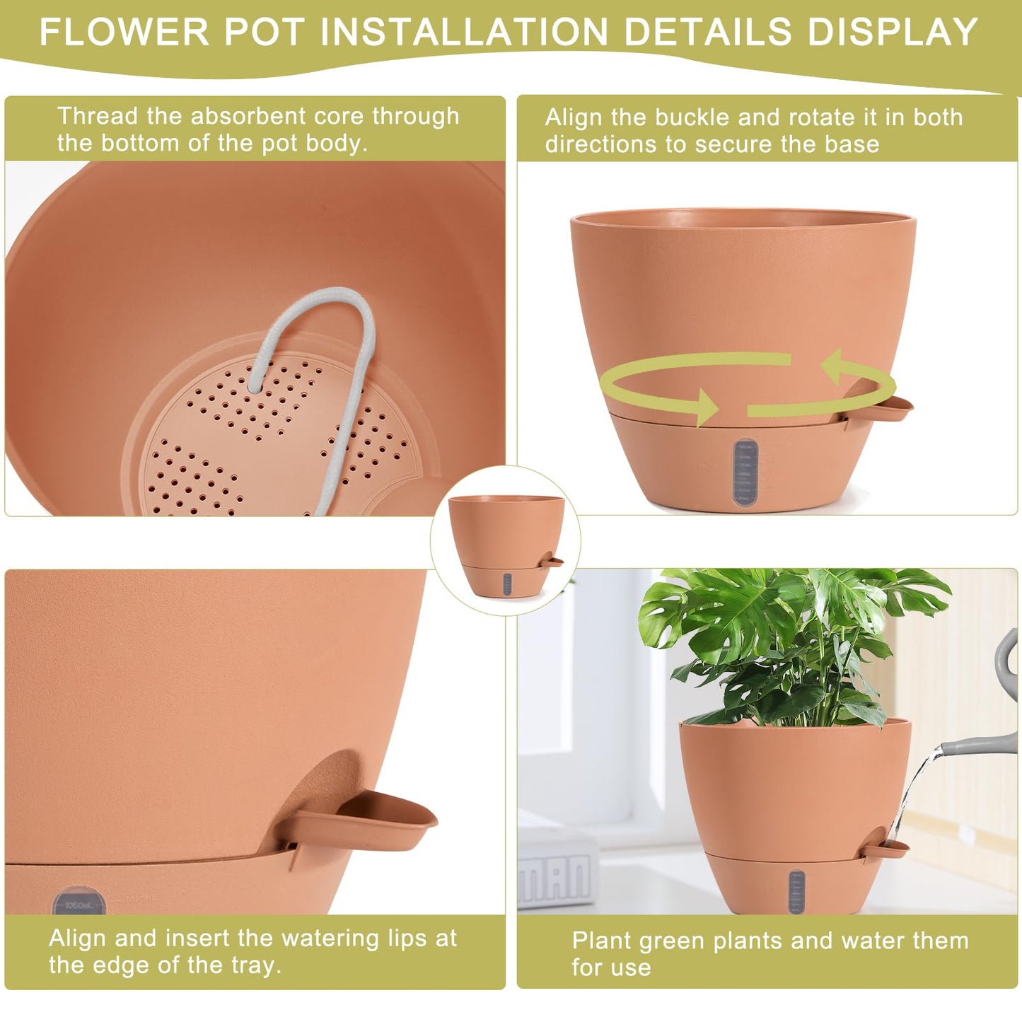 YUNLINGAA 4 Pack Plant Pots,12/10/9/8/ Inch Self Watering Pots for Indoor/Outdoor Plants Deep Reservoir,Nursery Planting Pot for Indoor Out Door Plants (Terracotta,12/10/9/8/ Inch)
