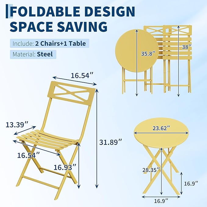 GarveeTech 3-Piece Folding Bistro Set, Heavy Duty Outdoor Patio Furniture