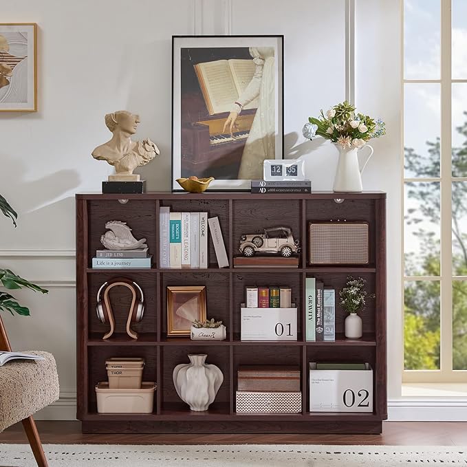Joaxswe 12 Cube Storage Organizer, Wood Floor Standing 3-Tier Cubby Bookcase
