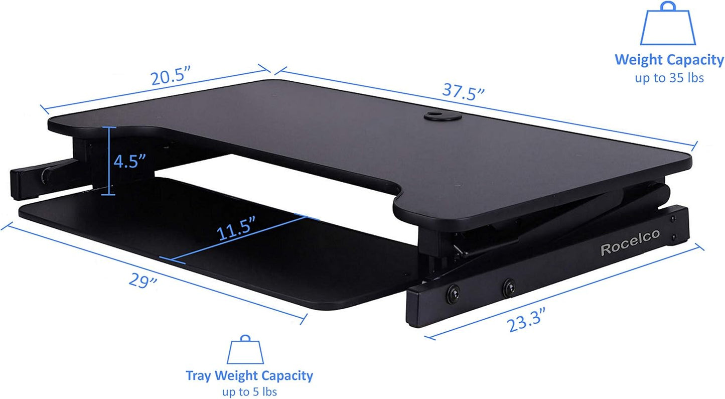 Rocelco 37.5" Deluxe Height Adjustable Standing Desk Converter - Quick Sit Stand Up Dual Monitor Riser - Gas Spring Assist Computer Workstation - Large Retractable Keyboard Tray - Black (R DADRB)
