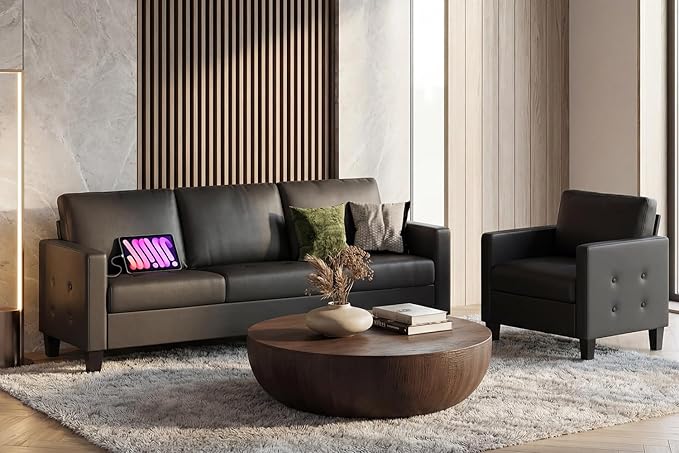 STHOUYN Black Faux Leather 3 Seater Sofa and Accent Chair, Modern Comfy Office