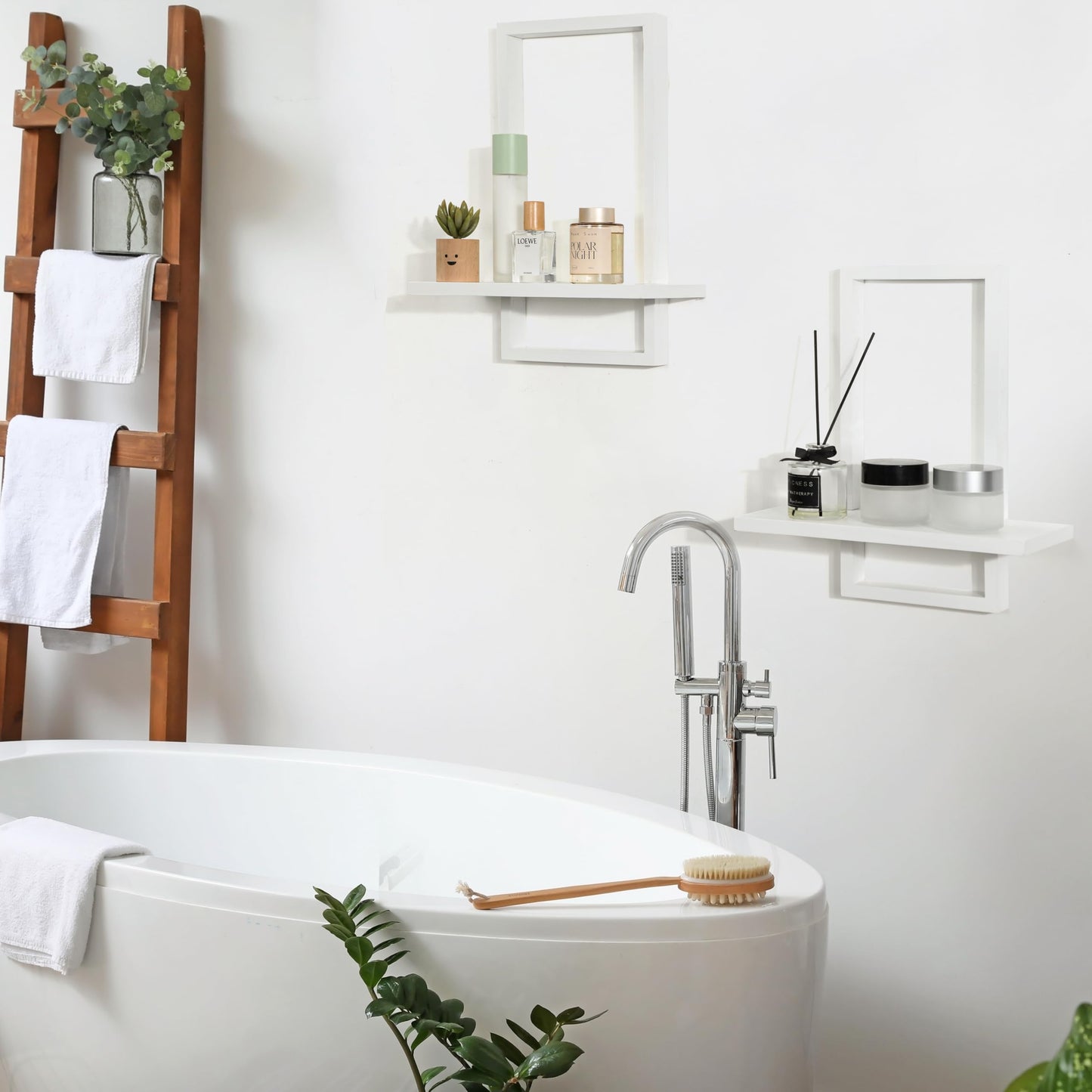 PHOENANCEE Square Wall Shelf,Framed Floating Shelves Set of 2,Decorative Plants Hanging Display Chic for Living Room Bedroom Bathroom Home Office,Soild Wood,L+S,White