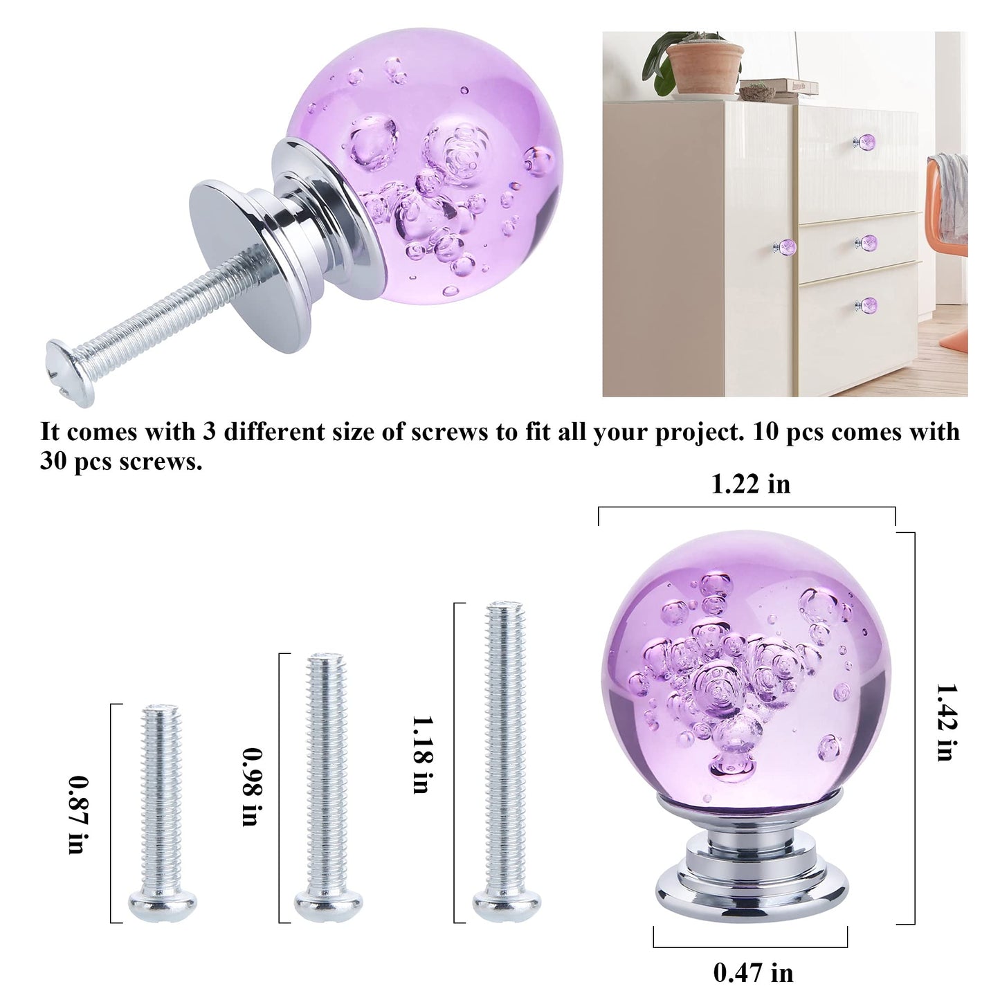 IEIK 10 PCS Crystal Cabinet Knobs Round Glass Bubbles Dresser Knobs Smooth Drawer Knobs Handle for Home, Cabinet, Drawer and Dresser Hardware with 3 Different Size Screws, 30MM (Purple)