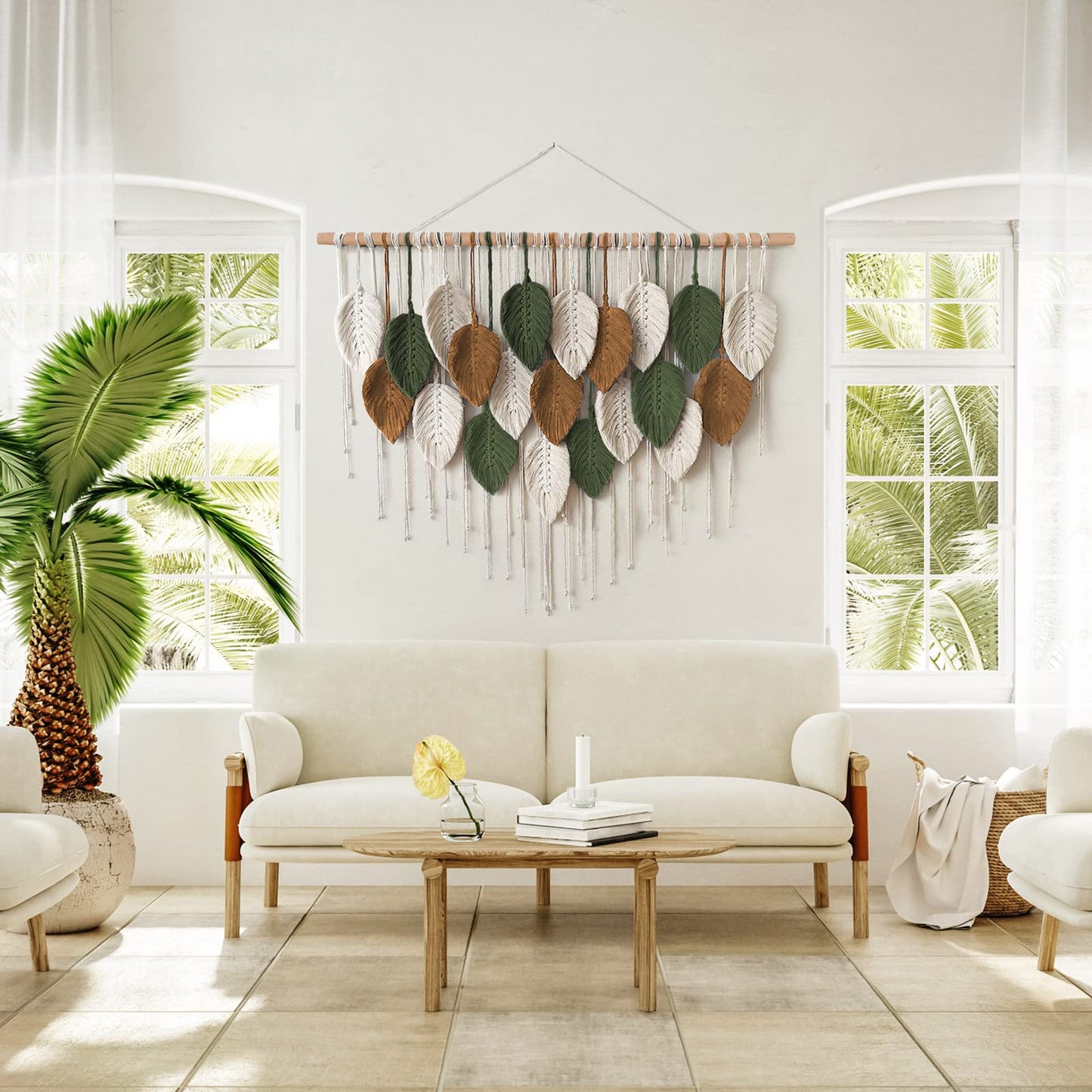 KHOYIME Large Macrame Wall Hanging Boho Woven Tapestry, Chic Home Decor Modern Bohemian Handmade Leaf Feather Wall Art Decorations for Apartment Dorm Living Room Bedroom Nursery Backdrop 39"W X 29.5"L