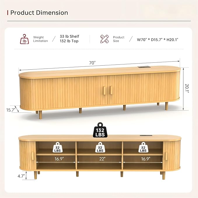 70" Mid Century Modern TV Stand, Wood TV Consoles