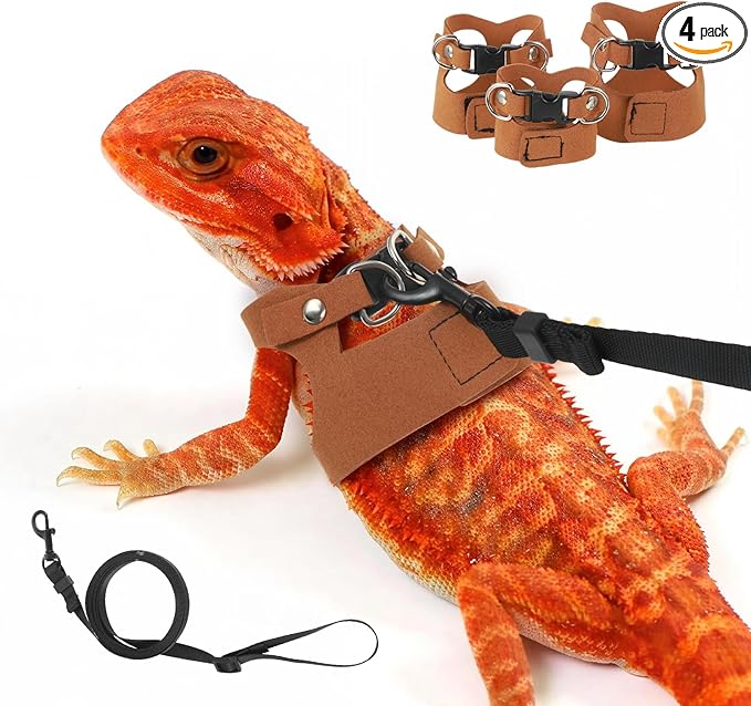 4 PCS Harness and Leash Set, Adjustable Soft Leather Bearded Dragon Leash and Harness Set for Small Animals, Reptiles, Squirrels, Rats (Brown, Black, Silver)