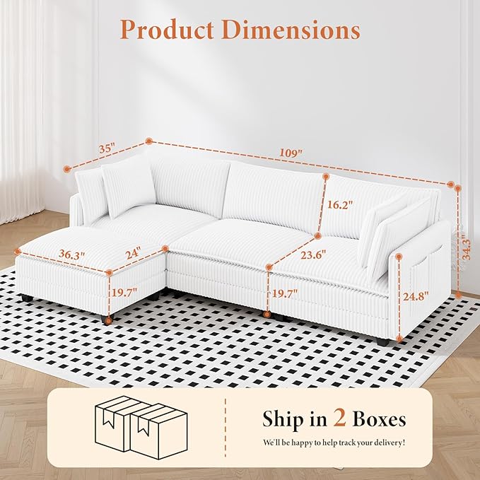 Vesgantti 109" L Shaped Cloud Sectional Couch, Comfy Corduroy Upholstered