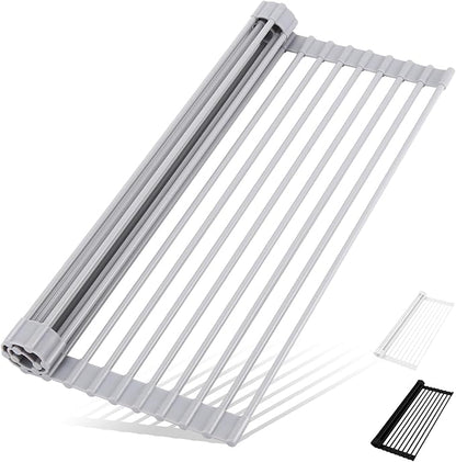 HANZENMA Roll Up Dish Drying Rack Over The Sink Kitchen Roll Up Sink Drying Rack Multipurpose Foldable Sink Drying Mat, Heat-Resistant, Anti-Slip & Anti-Rust Dish Rack for Kitchen, 17" x 13", Grey