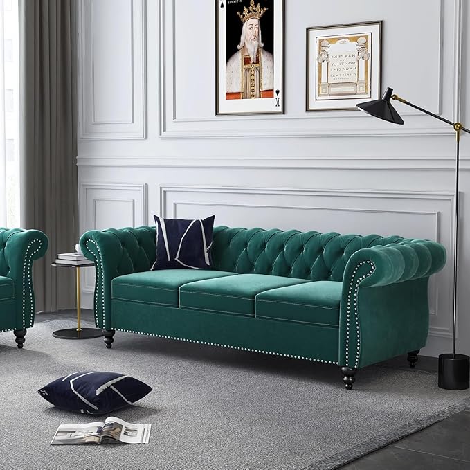 Mid-Century 3 Seater Sofa, Velvet Couch