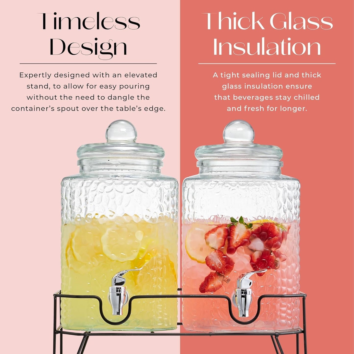 Style Setter Premium Glass Drink Dispensers with Metal Stand for Parties – Beverage Dispenser Set for Cold Drinks, Lemonade, Cocktails, Juice – Party Glass Drink Dispenser Station - 1.5 Gal, Set of 2